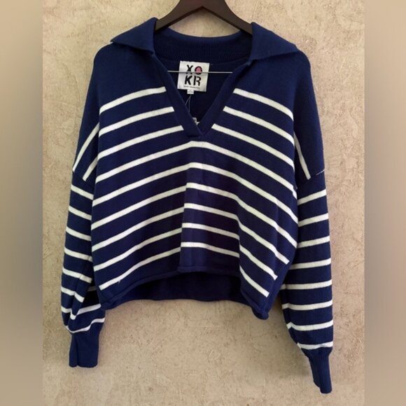 Kerri Rosenthal XOKR Women's Navy and White Striped Hoodie with Heart - Picture 2 of 7